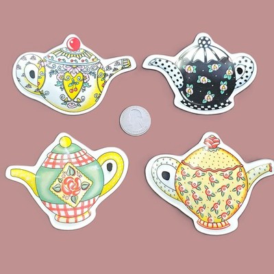 TEA BAG HOLDERS Mary ENGELBREIT Porcelain Tea Pot 3.5'' x 2.5'' Set of 4 ME