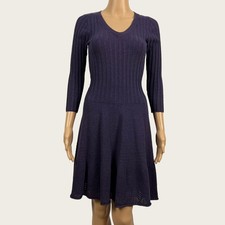 Max Studio SMALL Purple Knit Pointelle Stretch Fit Flare A-line Sweater Dress