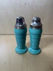 Vintage Hazel Atlas Turquoise Moderntone Milk Glass Salt and Pepper shakers MCM