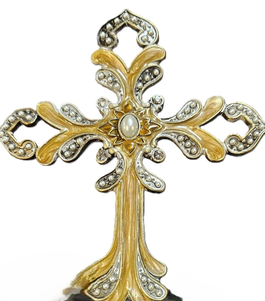 Cross Pillar Candle Holder Brass With Pearl Accents - Image 2 of 4