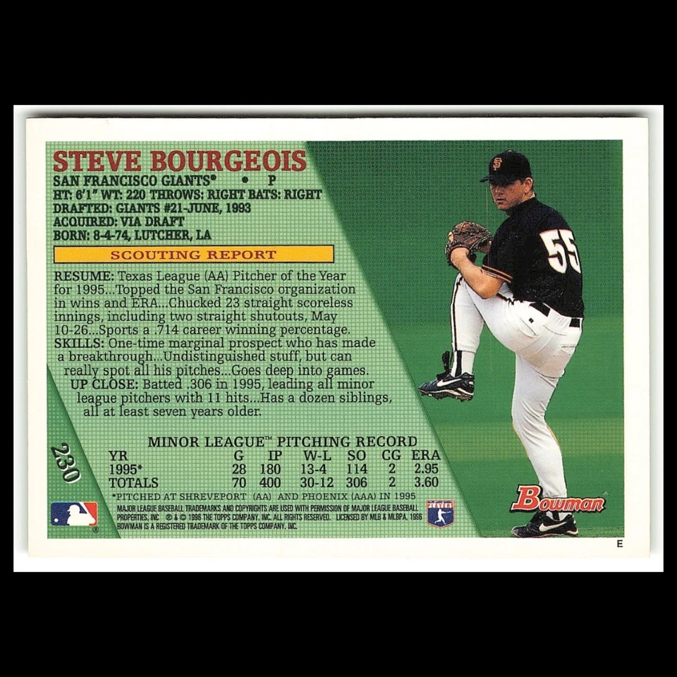 Steve Bourgeois Rookie #230 1996 Bowman San Francisco Giants Baseball Card MLB - Image 2 of 3