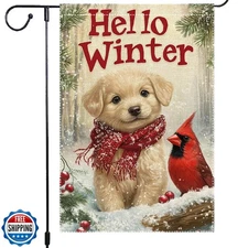Hello Winter Garden Flag 12x18 Inch Double Sided Dog with Red Sca
