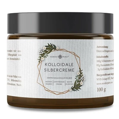 NORDIC PURE Kolloidale Silbercreme, Kolloidales Silber (100ppm) in Apotheker-Creme (100g)