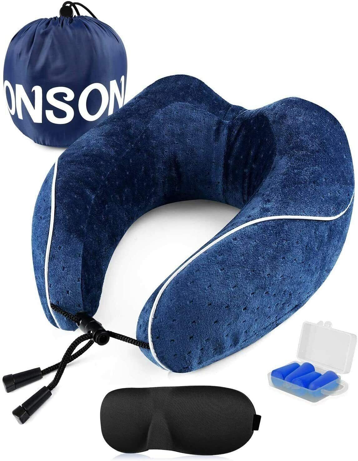 ONSON Memory Foam Travel Neck Pillow with Ear Plugs Eye Mask & Carry Bag-image