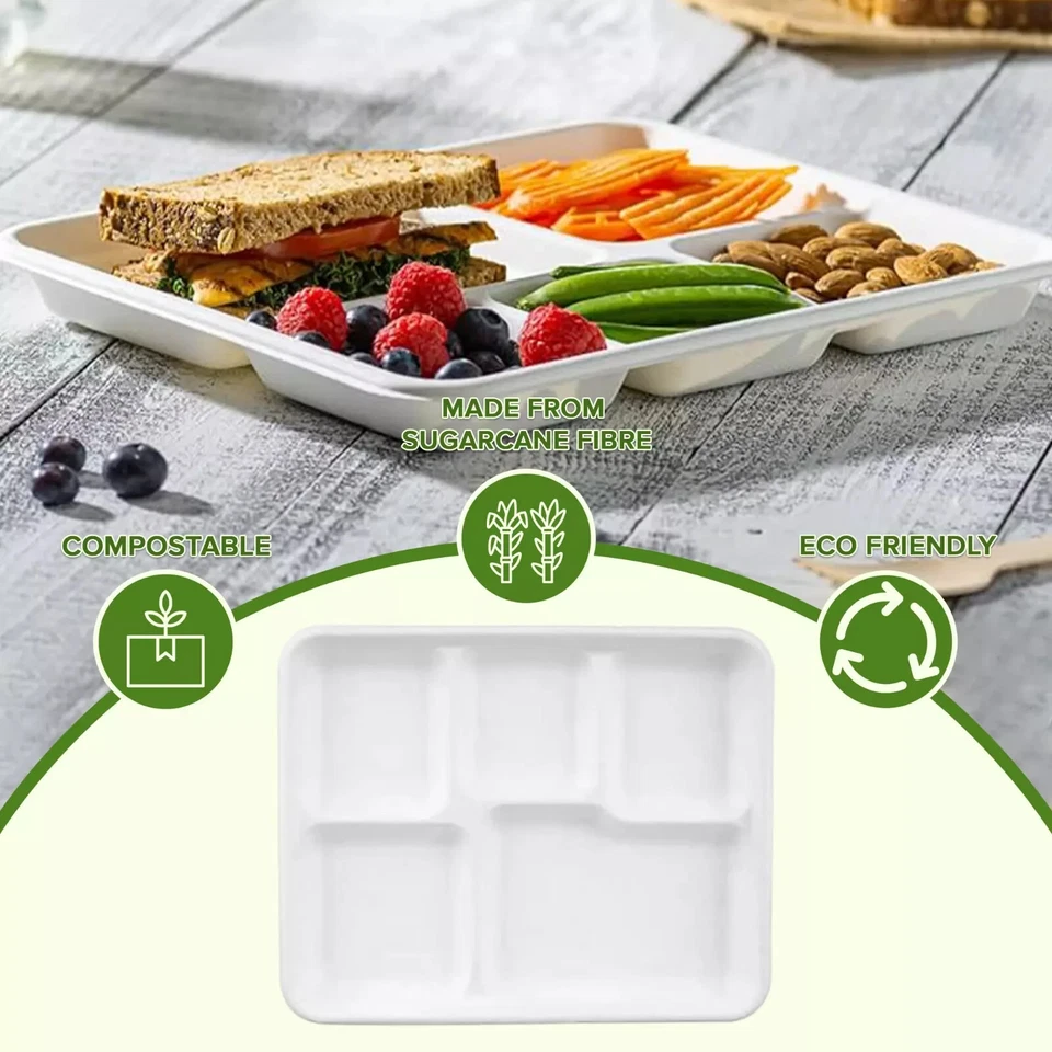 100 X 5 Compartment Plates Biodegradable Bagasse Eco-Friendly Dinner Plates - Image 3 of 4