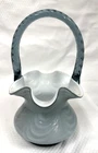 Fenton Blue Gray Cased Glass Overlay Ruffled Basket Drapery Pattern Twist Handle