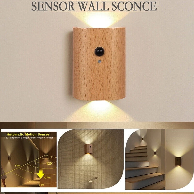 Wireless LED Wall Sconce Induction Light USB Rechargeable Closet Wood Stair Lamp