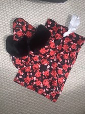 VICTORIA'S SECRET BLACK RED FLORAL NWT COZY SATIN SLIPPERS w/POUCH Size S