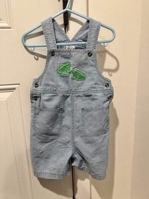 Vintage Talbots Kids Embroidered Green Frog Denim Overalls Shortalls Unisex 24m