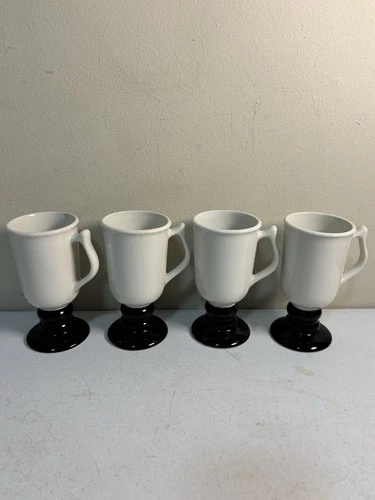 4Pc Vintage HALL 1273 Black & White Ceramic PEDESTAL IRISH COFFEE MUGS / CUPS