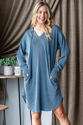 Heimish Blue Ribbed Lightweight Long Sleeve Hooded V-Neck Curved Hem Mini Dress