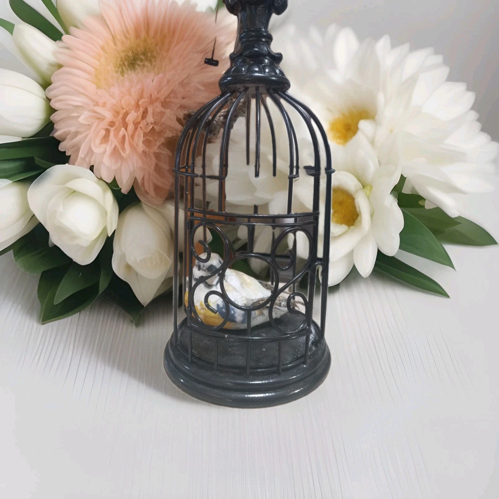Decorative Black Metal Bird Cage with Bird Accent – Vintage Style Hanging Home
