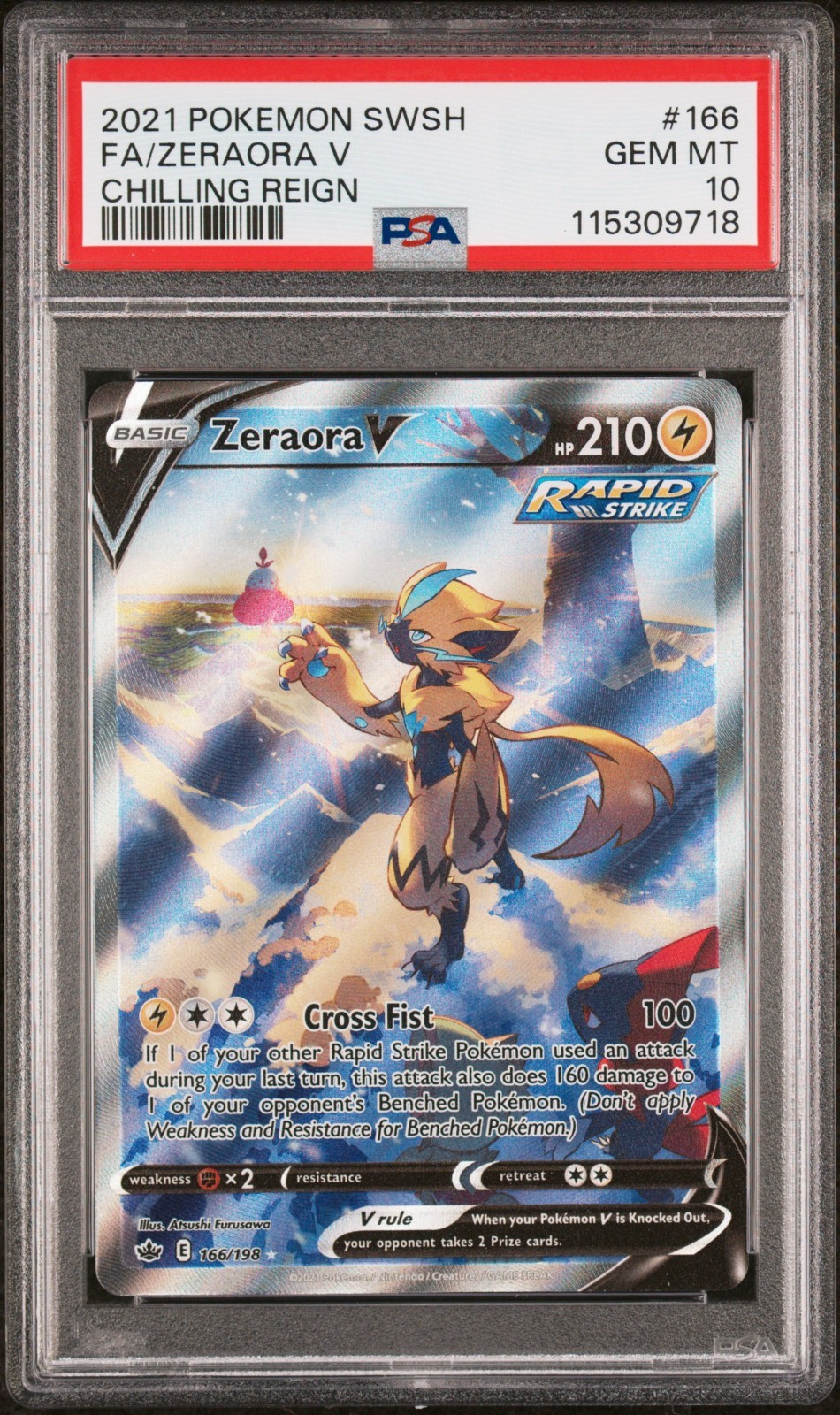 2021 Pokemon Sword & Shield Chilling Reign Zeraora V Full Art #166 PSA 10