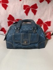 Coach Hampton Signature Canvas Leather Domed Satchel Bag F13977 Blue