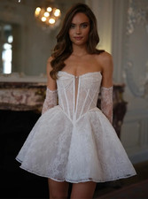 Strapless Wedding Dresses Detachable Sleeves Bridal Gowns Lace-Up Mini Skirts