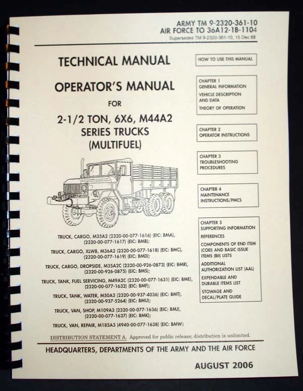Cargo Truck M44A2 M35A2 M36A2 M35A2C M49A2C M50A3 M109A3 M185A3 Op Manual
