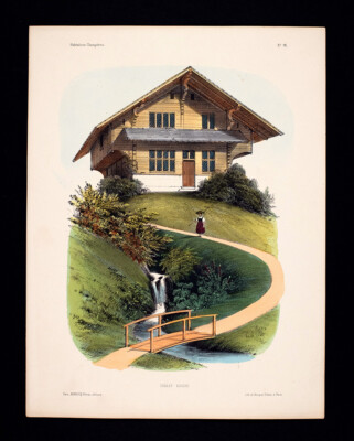 1855 Victor Petit Antique Print Chalet Suisse House Alpine Architecture Garden