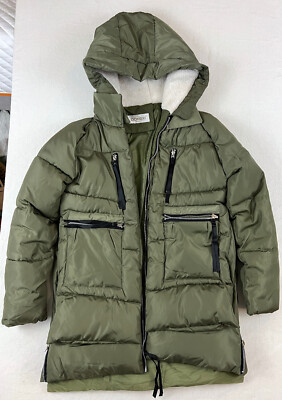 Dongxi Womens Puffer Coat w/ Sherpa Lined Hood - Green & Cream - Size Medium