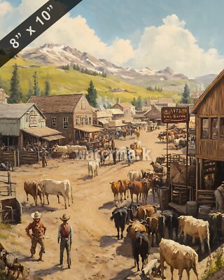 A Western town with a bustling livestock market oil Painting 8x10 Print