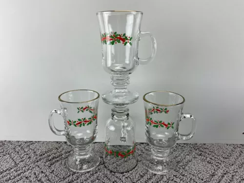 4 Libbey Holly & Berry Red Ribbon Footed Handled Irish Coffee Cup Mugs Gold Rim
