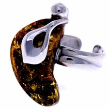 925 Sterling Silver Genuine Green Baltic Amber Unique Ring - RG0602