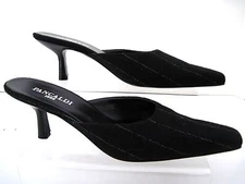 PANCALDI Black Gessato Fabric Pin Stripe Square Toe Slide Mules Pumps Size 9 AA
