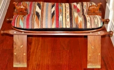 Beautiful Vintage Wood Carved Camel Saddle Stool Ottoman w/ Turkish Rug Seat
