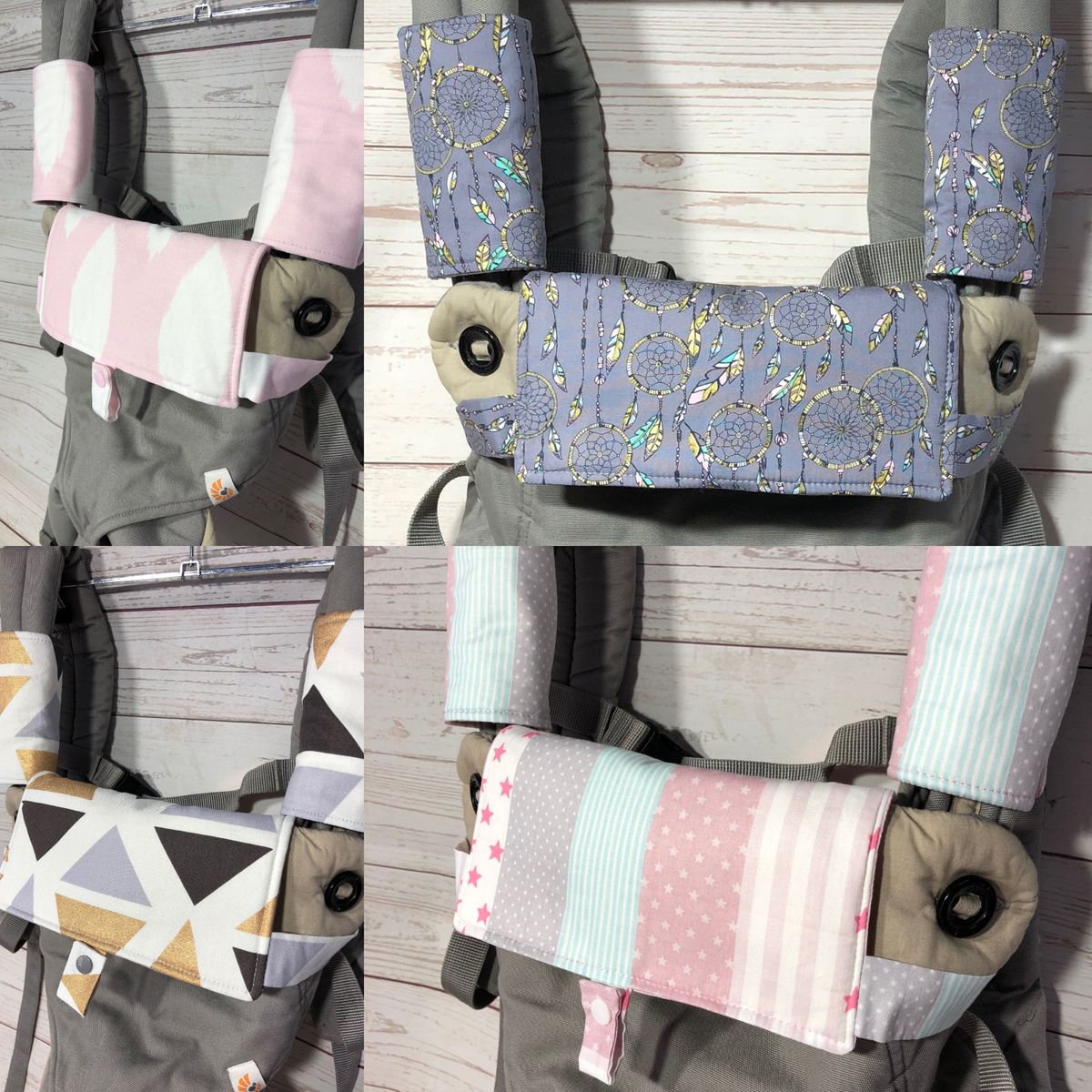 Teething drool pads and bib for Ergo 360 Manduca pink flowers grey