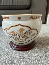 RARE White Gold TIGER Porcelain Jardiniere 1978 Franklin Mint Okura Japan VTG