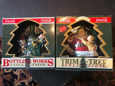 2 Coca Cola Ornaments Bottling Works Elves Ice Sculpting Trim Tree Santa Love