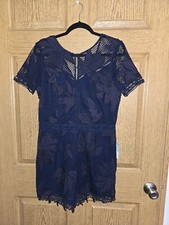 NWT Adelyn Rae Navy Blue Allover Lace Zip Up Romper Size L