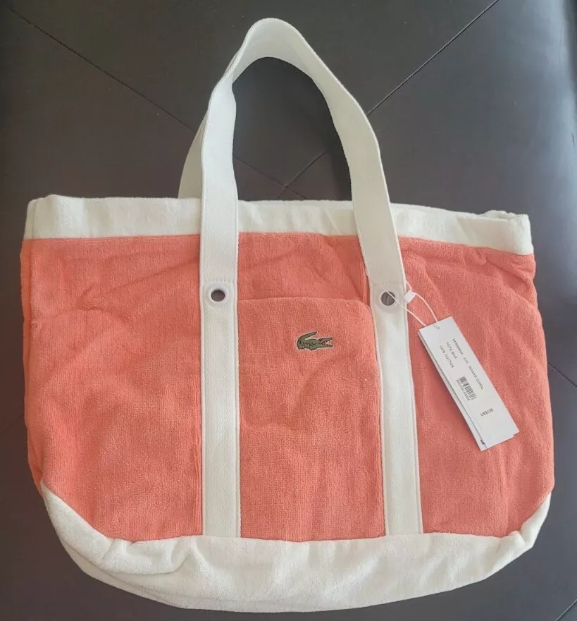 Lacoste Tote Terry Cloth Cotton Beach Shoulder Bag Alligator Peach