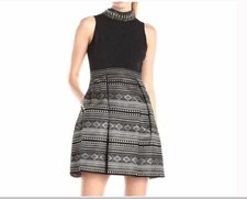 Vince Camuto Embellished Mock Neck Dress Black Gold Metallic Jacquard Flare Sz8