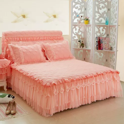 Korean Quilted Cotton Lace Bedspread Dust Ruffle Bed Skirt Queen Fitted Sheet - Afbeelding 1 van 27