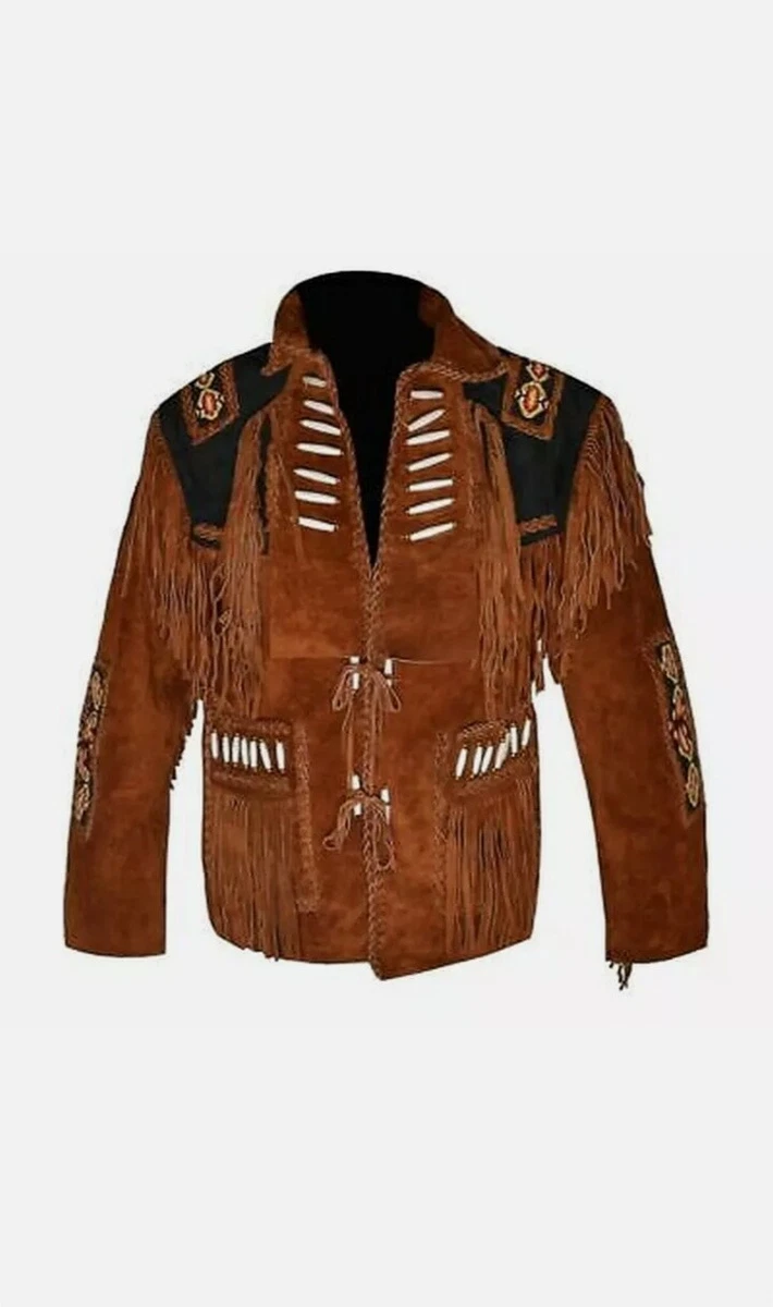 Men Western Style Cowboy leather jacket with Fringe Beaded Bones Work Coat