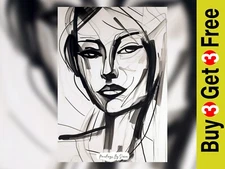 Modern Abstract Ink Female Portrait Painting Print 5"x7" on Matte Paper