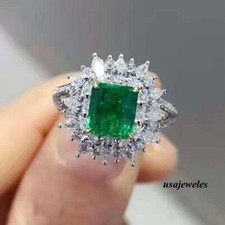 2.50CT Emerald Cut Real Emerald Wedding Cluster Jewelry Ring 14K 2-Tone Gold FN