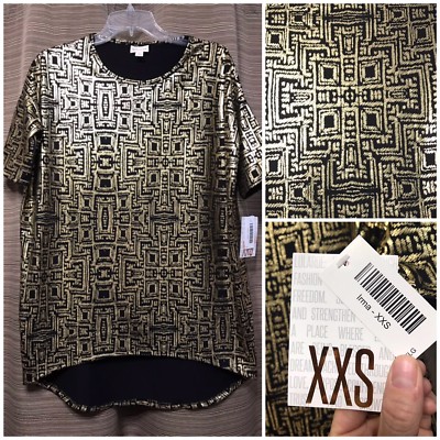 Lularoe Irma Tunic Elegant Collection Black Gold design NWT Sz 2XS XXS