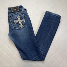 Miss Me Jeans Womens 26 Dark Wash Straight Cross Embroidered Rhinestone Denim