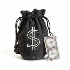 Denim Drawstring Backpack with Coin pouch, Large Money Dollar Sign Bucket Ruc...