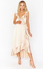 SHOW ME YOUR MUMU Samantha Ruffle Wrap Dress Champagne Satin-Size Large