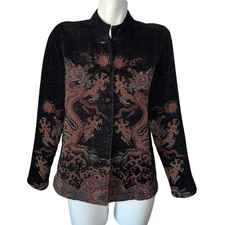 Citron Santa Monica Black Red Velour Dragon Tapestry Coat Jacket Sz Small