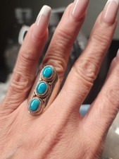 Silver Tone 3-Stone Oval Blue Turquoise Bezel...