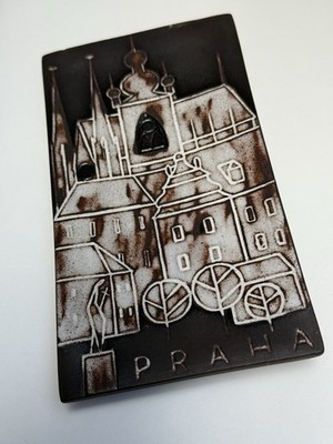 Vintage Praha Prag Keramik Wandrelief / Tablett Relief Czech Pottery Stadtbild