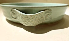 Hand Thrown Studio Art Pottery Glazed & Incised Pie Plate Light Green   10”