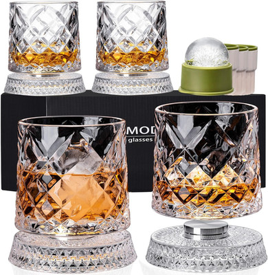Spinning Whiskey Glasses Set of 4 with Iceball Molds, 9.5Oz Lead-Free Rotating O