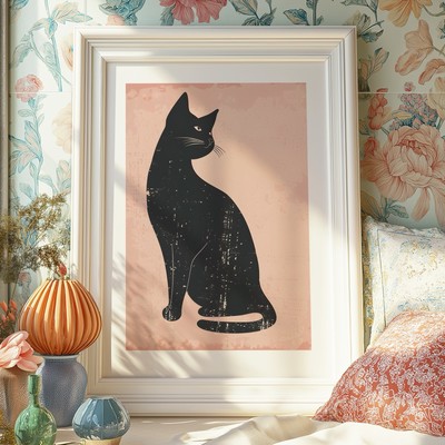 Schwarze Katze Wandbild - Rosa ästhetische Wanddeko Küche Esszimmer Drucke süß