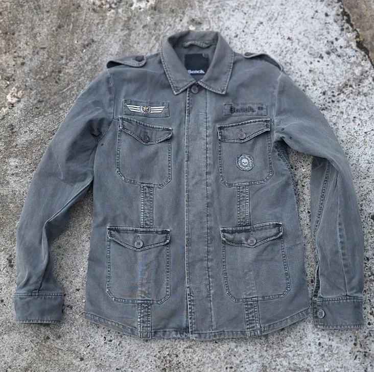 Y2K Vintage Charcoal Denim Jacket By Bench Size Mens Medium Military Style