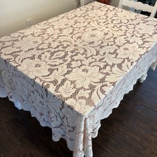 Vtg Ivory Pink Floral Lace Tablecloth Cottage Shabby Chic Romantic French 58x86&rdquo;