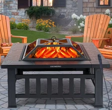 32" Outdoor Fire Pit Table Wood Burning w/ Screen, Poker, BBQ Grill & Cover